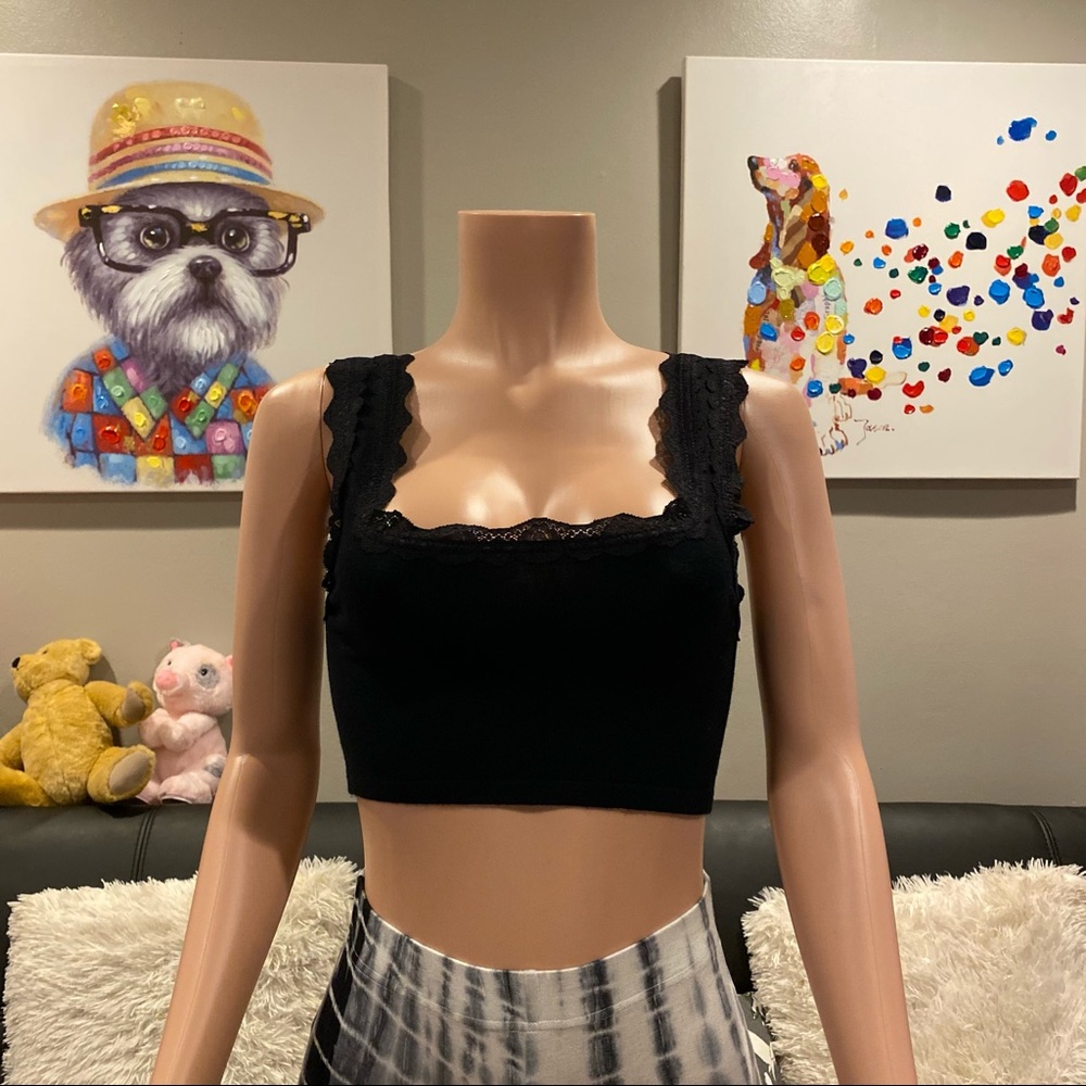 Black lace trim square neck ribbed crop top